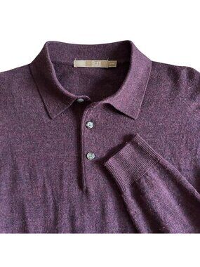 Raffi Mens Sz M Merino Wool Burgundy Polo Sweater 50 Fine Knit Long Sleeve